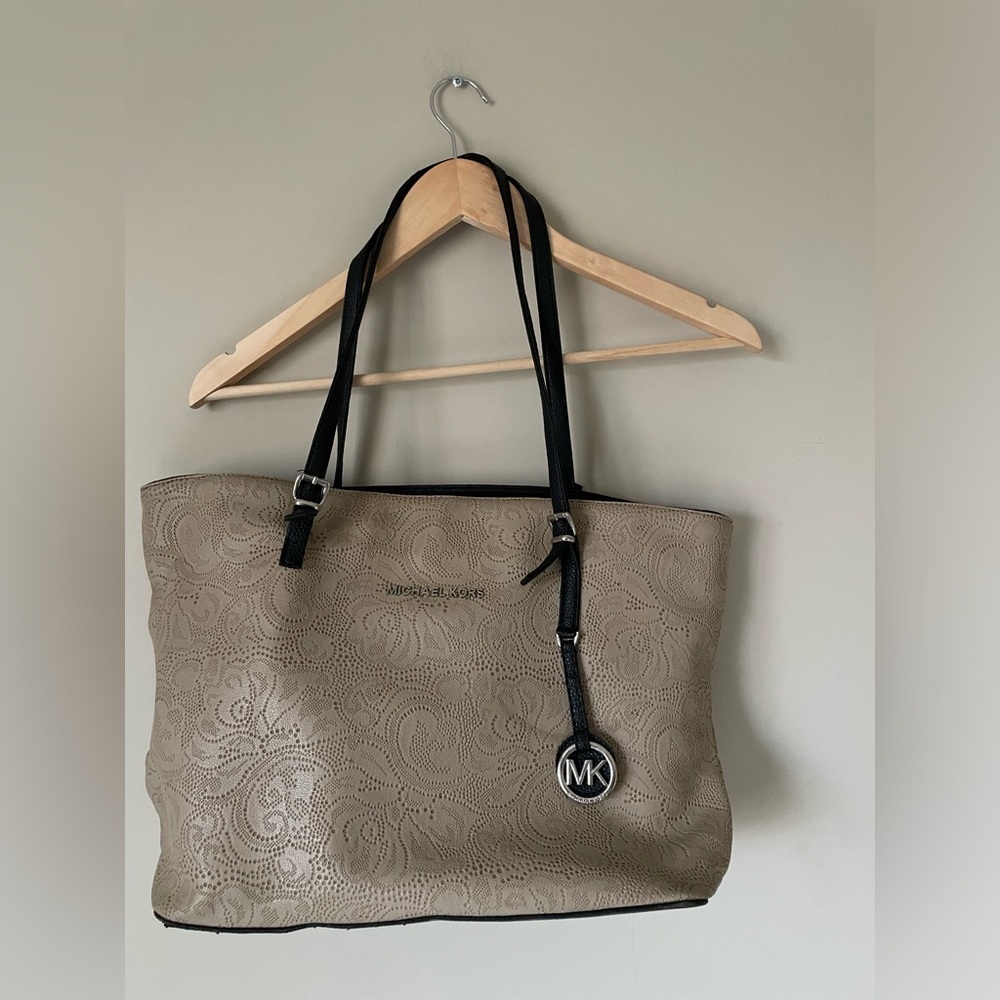 Michael Kors taupe and black leather tote bag perforated floral/paisley pattern